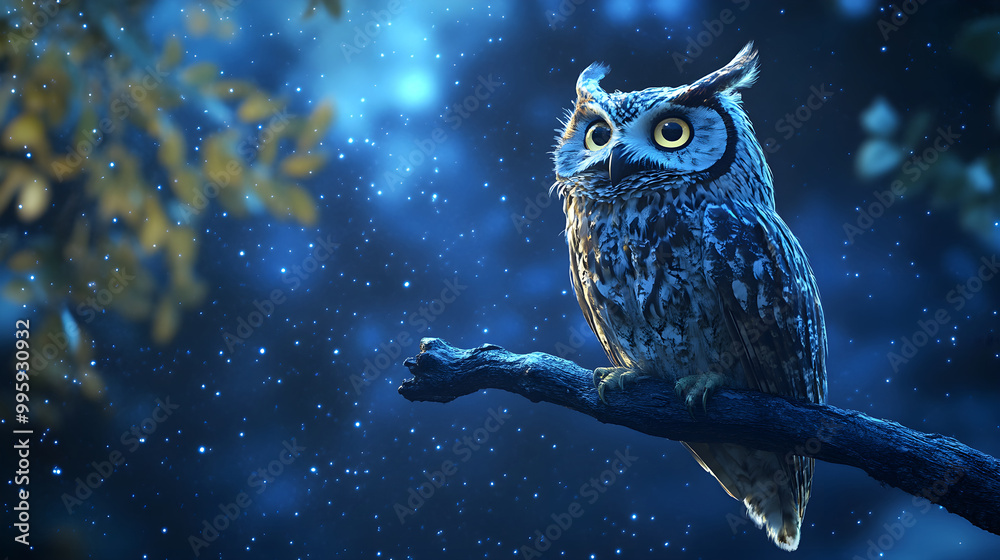 Wise old owl perched on a branch under a starry night sky Wise old owl perched on a branch under a starry night sky