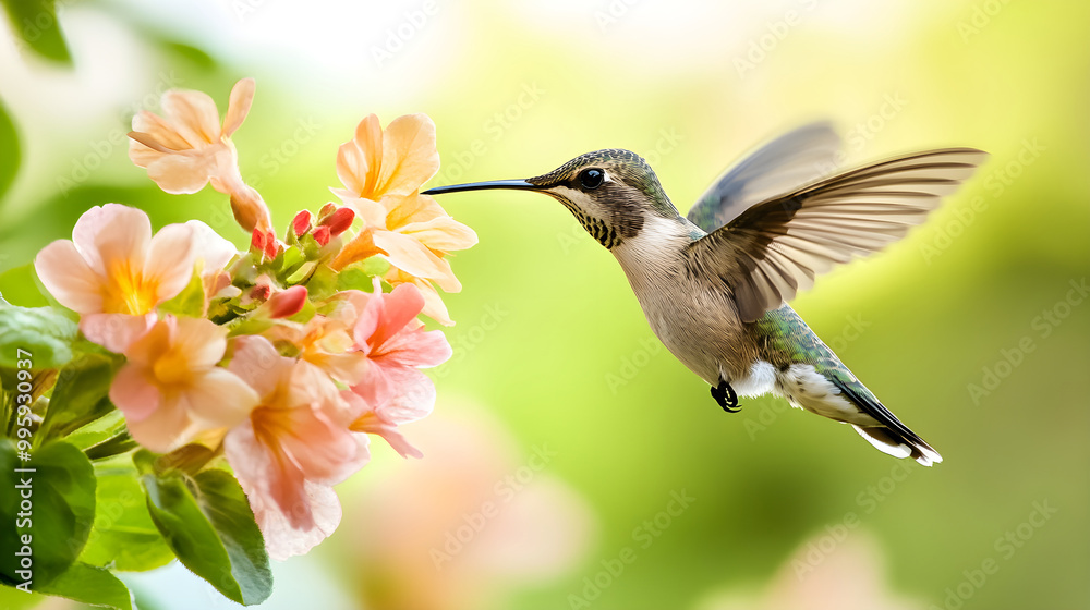 Tiny hummingbird hovering over a blooming flower Tiny hummingbird hovering over a blooming flower