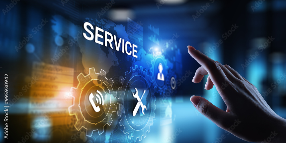 Service support customer help call center Business technology button on virtual screen.