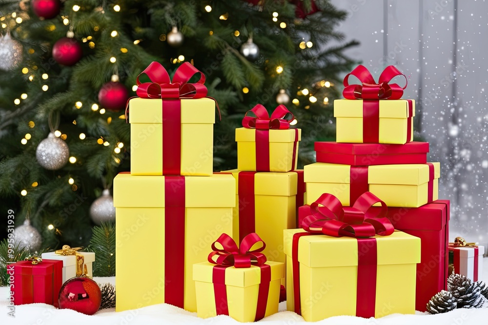 Fototapeta premium Bright Yellow Gifts with Red Ribbons in a Sparkling Winter Wonderland