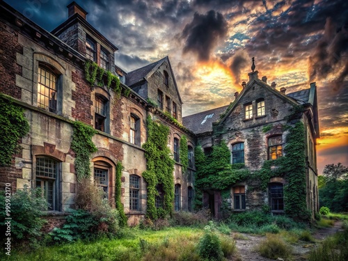 * Crumbling walls, vines twisting through decaying brick, swallow the abandoned asylum at dusk, shrouding it in secrecy and the whispers of forgotten souls. photo