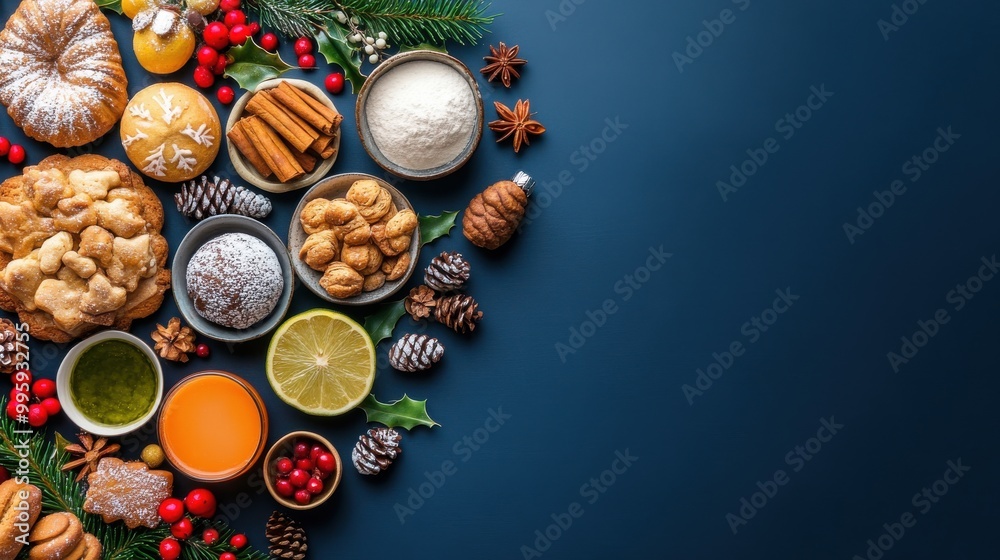 Vibrant Food Display: A Circle of Fresh Produce, Breads, Fruits, Snacks, and Desserts on a Deep Blue Background. Vibrant Food Display: A Circle of Fresh Produce, Breads, Fruits, Snacks, and Desserts on a Deep Blue Background.
