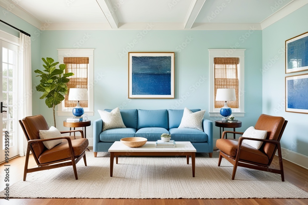 Airy Bright Living Room Design Featuring Soft Blue Couch and Cozy Wooden Armchairs Airy Bright Living Room Design Featuring Soft Blue Couch and Cozy Wooden Armchairs