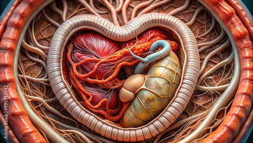 A breathtaking close-up exposes the internal anatomy of a terrestrial worm, showcasing its delicate circulatory system, minute blood vessels, and a pulsing organ mimicking a miniature heart. photo