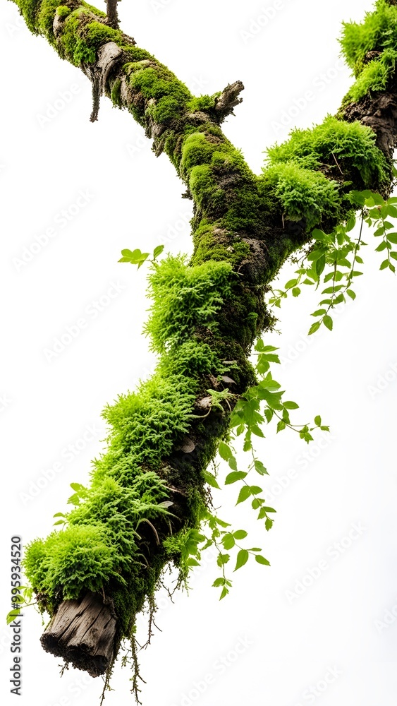 Fototapeta premium Rotten Wooden Branch Covered with Green Moss Isolated on White Background
