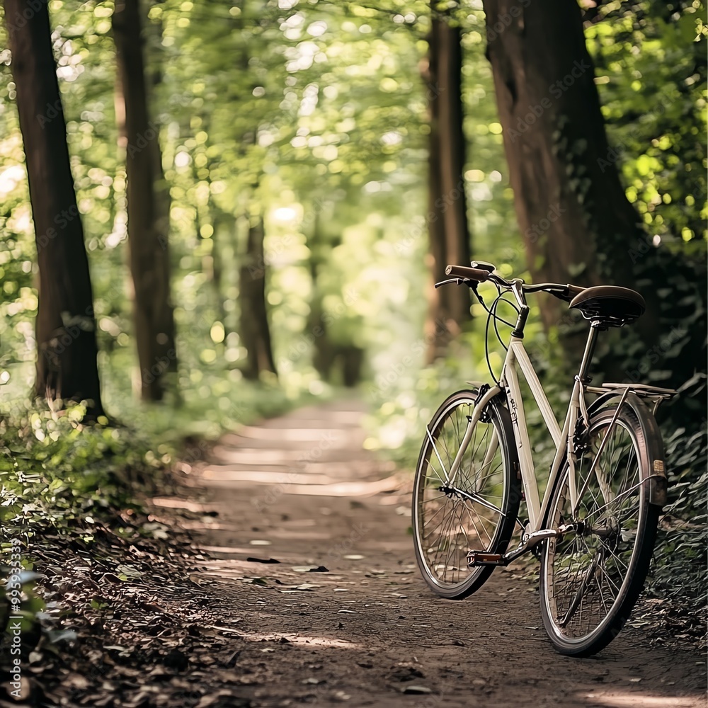 Fototapeta premium A serene pathway through the lush green forest, featuring a parked vintage bicycle inviting outdoor adventures.