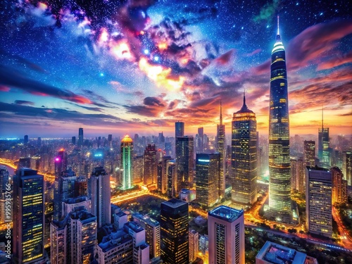 A city awakens at dusk, neon lights flickering to life amidst towering skyscrapers, a bustling metropolis unfolding towards a starry night sky. photo