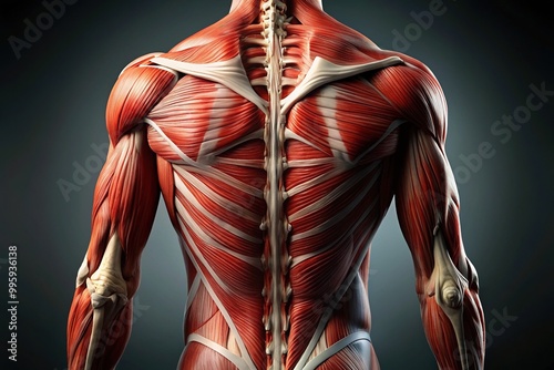 A close-up shot of a human back reveals intricate anatomy, highlighting prominent muscles, bones, and ligaments that make up the torso's posterior region. photo