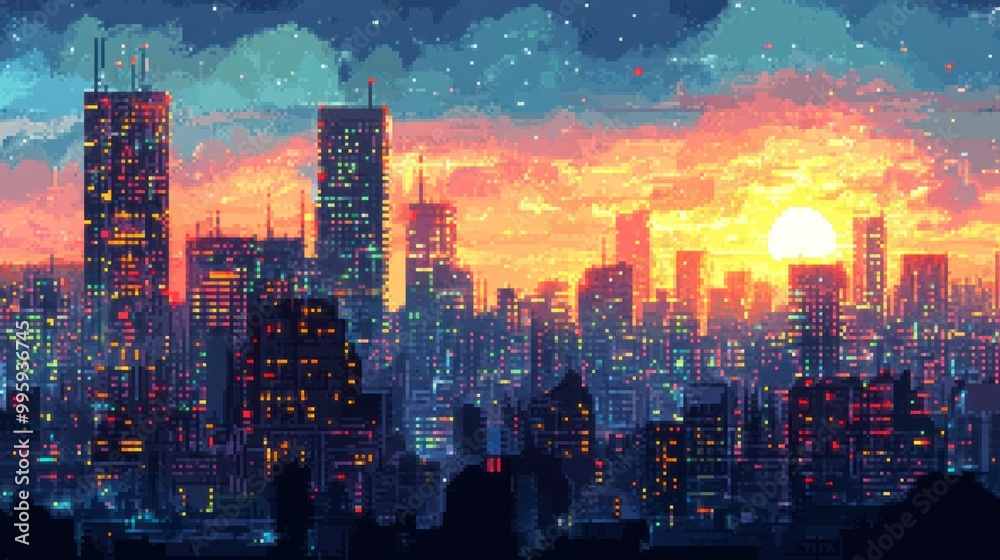 Fototapeta premium Pixelated Cityscape at Sunset with Starry Sky