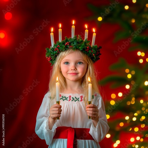 A photo of a little blonde girl in a Saint Lucia outfit, with a green wreath on her head, in a white dress with a red belt and holding candles in her hands, on a red background.