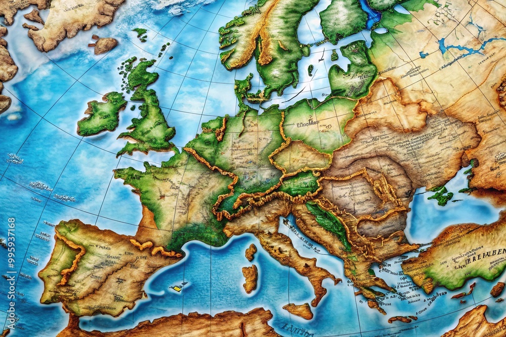 A connected map of Europe and Africa illustrates their shared borders, featuring geographical landmarks, capital cities, and major waterways across the Mediterranean Sea. A connected map of Europe and Africa illustrates their shared borders, featuring geographical landmarks, capital cities, and major waterways across the Mediterranean Sea.