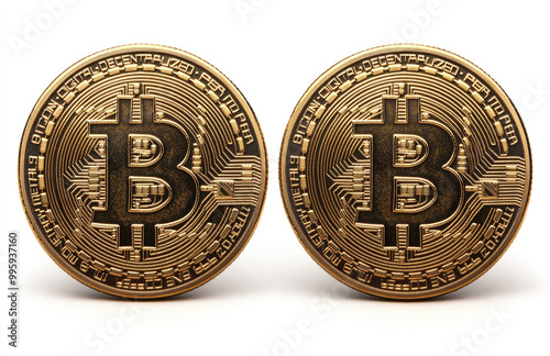 Two golden Bitcoin coins isolated on a white background. Created with Ai