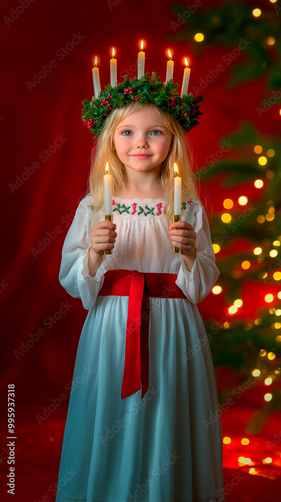 A photo of a little blonde girl in a Saint Lucia outfit, with a green wreath on her head, in a white dress with a red belt and holding candles in her hands, on a red background. A photo of a little blonde girl in a Saint Lucia outfit, with a green wreath on her head, in a white dress with a red belt and holding candles in her hands, on a red background.