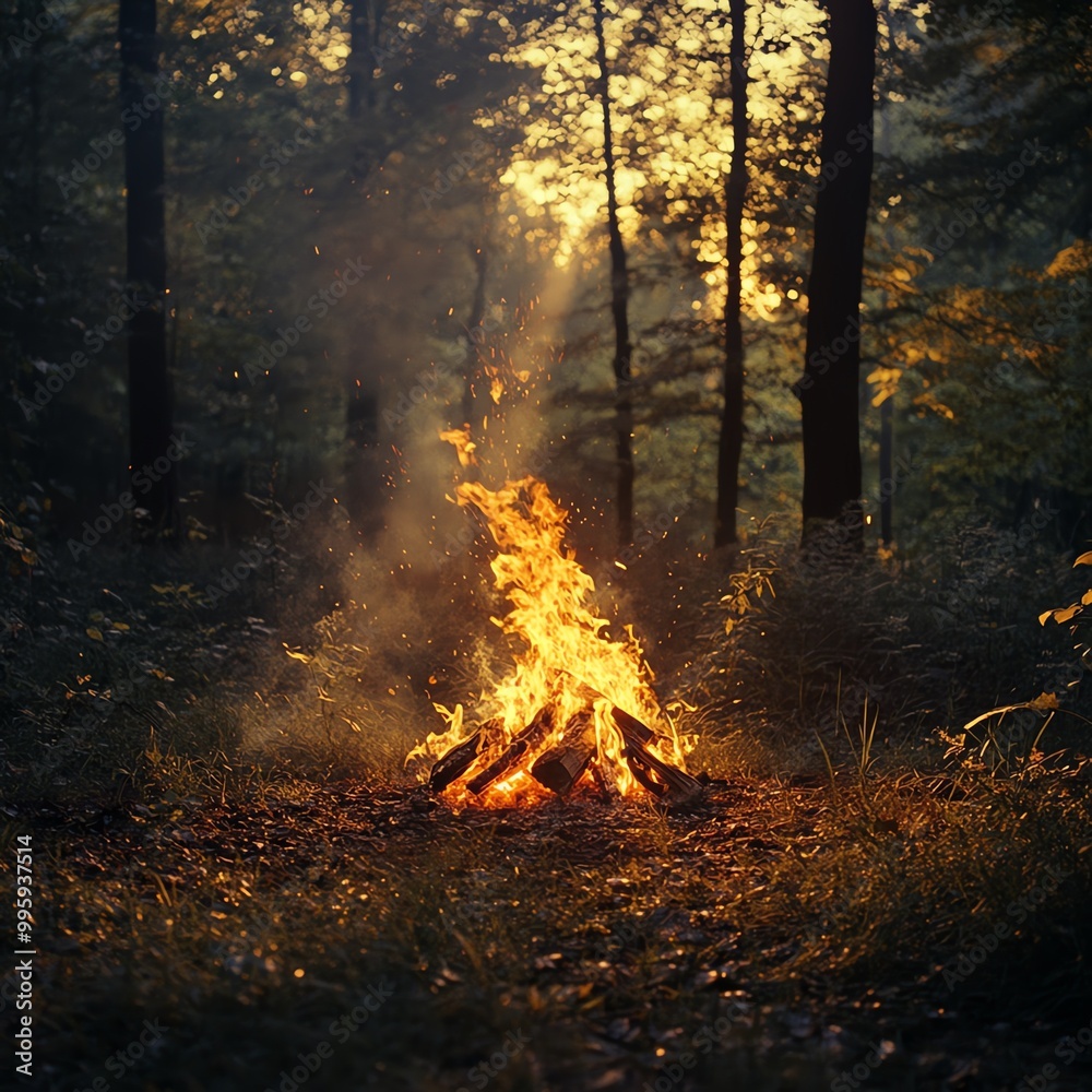 A serene campfire glowing warmly in a lush forest during sunset, surrounded by trees and nature's tranquil beauty. A serene campfire glowing warmly in a lush forest during sunset, surrounded by trees and nature's tranquil beauty.