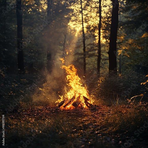 A serene campfire glowing warmly in a lush forest during sunset, surrounded by trees and nature's tranquil beauty.