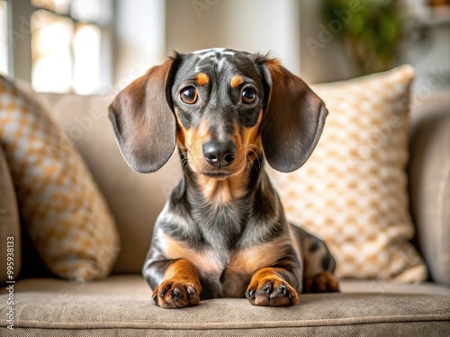 A dappled dachshund sprawls on the couch, its short legs curled up contentedly as it snores softly, surrounded by afternoon sunbeams and worn throw pillows. photo