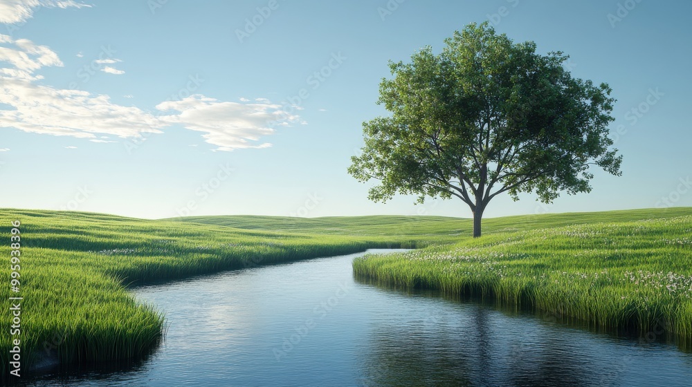 Serene Lakeside Landscape with Lush Greenery and Blue Skies Serene Lakeside Landscape with Lush Greenery and Blue Skies