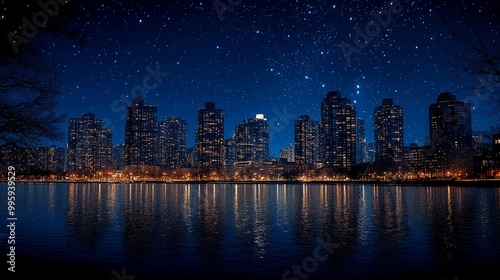 Լandscape photo of bright city skyline at night, clear sky