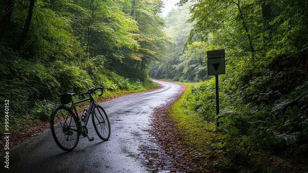 A bicycle leaning against a signpost on the roadside, with a winding path leading into a lush green forest, symbolizing adventure and exploration. --