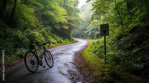 Obraz na płótnie A bicycle leaning against a signpost on the roadside, with a winding path leading into a lush green forest, symbolizing adventure and exploration. -- w salonie