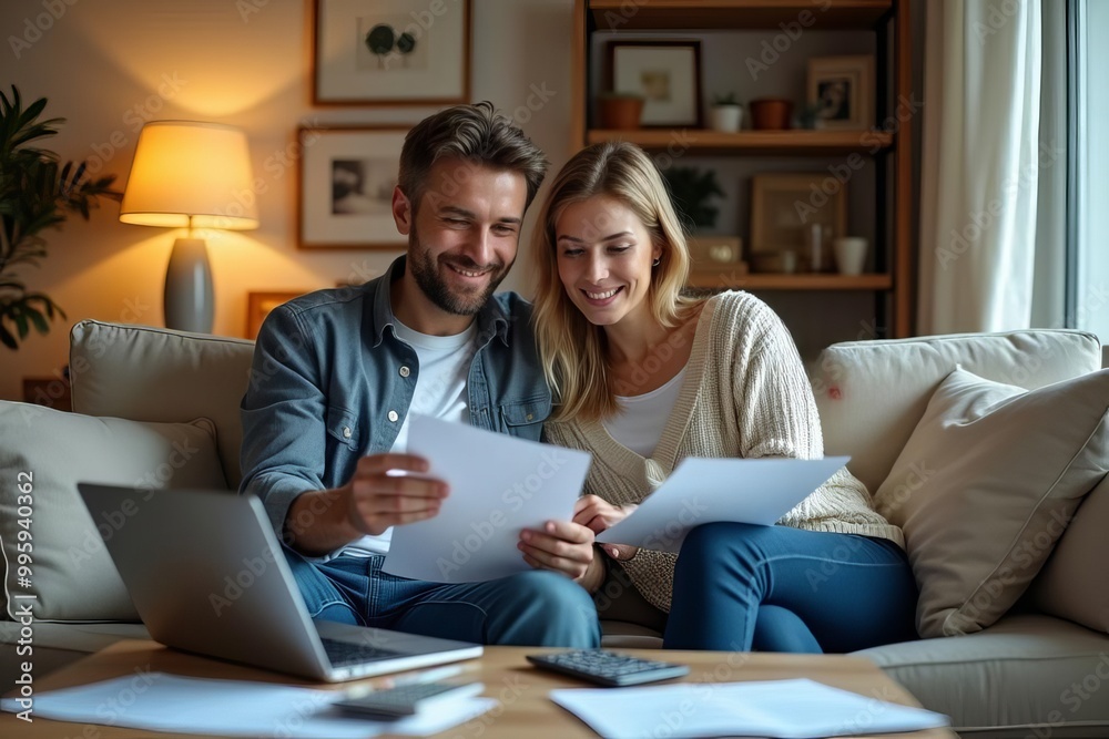 Couple Reviewing Finances at Home: Young Partners Managing Budget Together, Using Laptop for Financial Planning in Cozy Living Room Couple Reviewing Finances at Home: Young Partners Managing Budget Together, Using Laptop for Financial Planning in Cozy Living Room