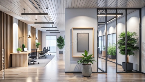 Corridor leading to modern open space office with a wooden floor and big plants