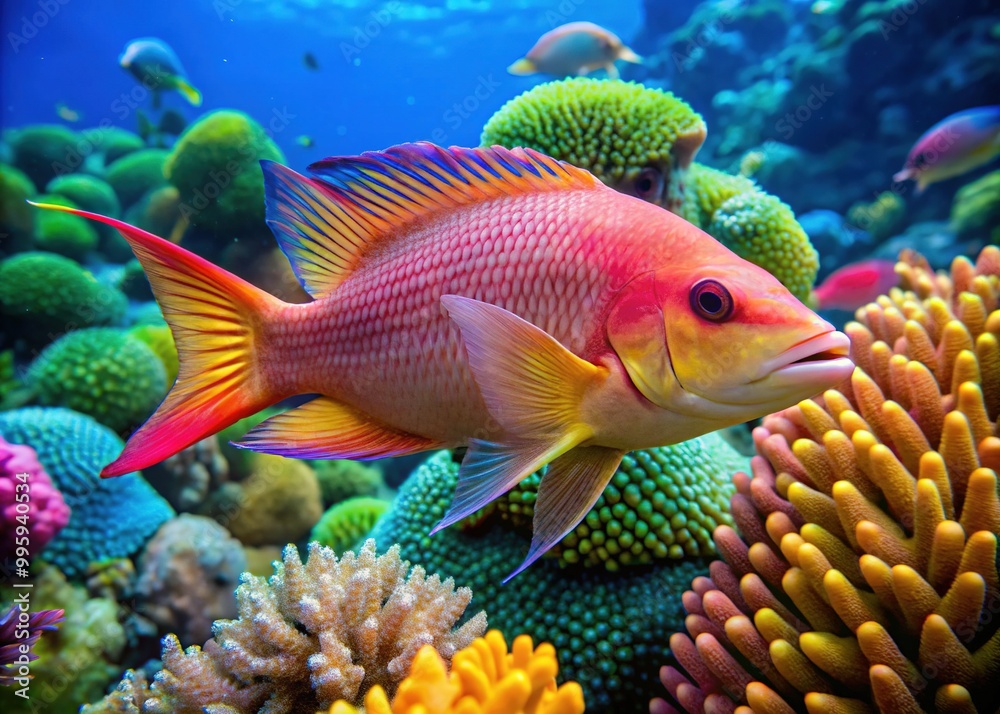 A hogfish swims through a vibrant coral reef, its body shimmering in shades of blue, green, and pink, surrounded by a kaleidoscope of colors. A hogfish swims through a vibrant coral reef, its body shimmering in shades of blue, green, and pink, surrounded by a kaleidoscope of colors.
