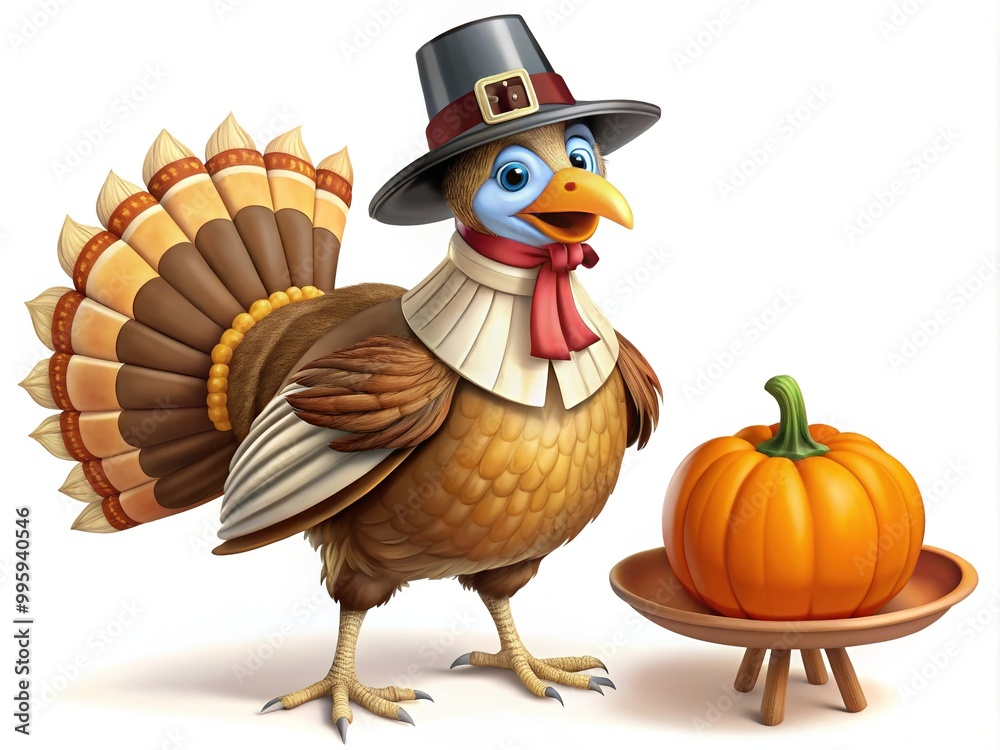 A jaunty turkey dons an apron and pilgrim's hat, beaming with pride as it cradles a miniature pumpkin, exuding a joyful sense of harvest merriment. A jaunty turkey dons an apron and pilgrim's hat, beaming with pride as it cradles a miniature pumpkin, exuding a joyful sense of harvest merriment.