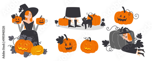 Set of Characters with Red Haired Witch in Black Attire and Pumpkin Collection for Halloween
