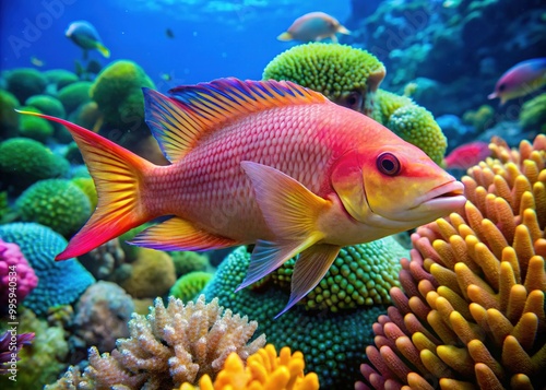 A hogfish swims through a vibrant coral reef, its body shimmering in shades of blue, green, and pink, surrounded by a kaleidoscope of colors.