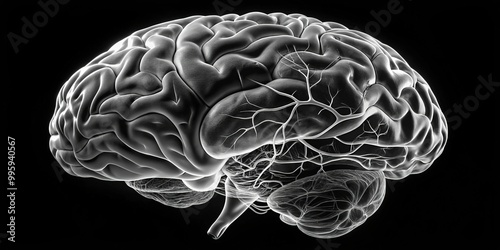 A high-contrast grayscale illustration of a brain's internal structure, revealing intricate networks of gray and white matter amidst the darkened cranial cavity's boundaries. photo