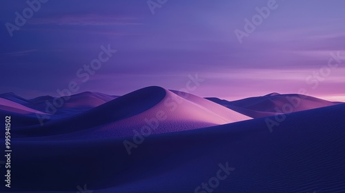 Stunning desert landscape with large sand dunes, bathed in twilight shades of purple and blue.