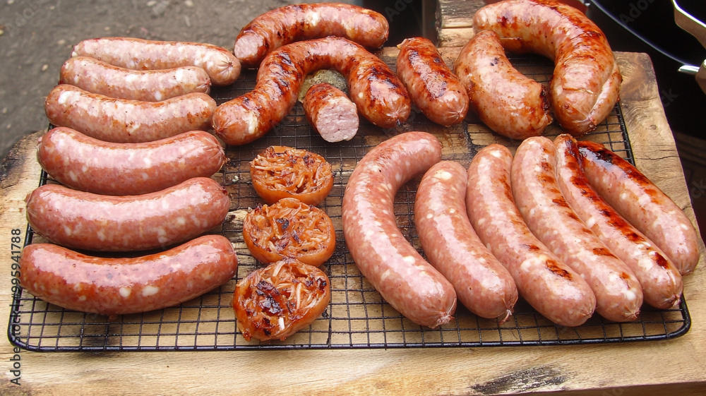 A variety of grilled sausages displayed on a wire rack, showcasing different shapes and colors, resting on a wooden surface.