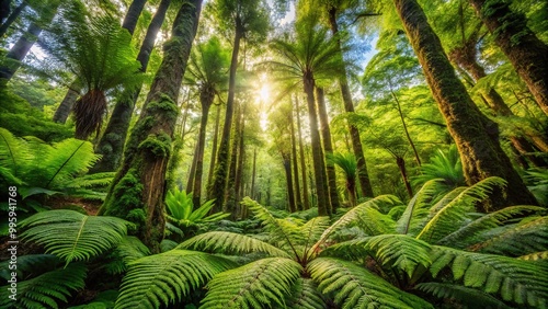 A lush tapestry of greenery unfolds as ferns and towering trees converge to form a dense and vibrant forest canopy above.