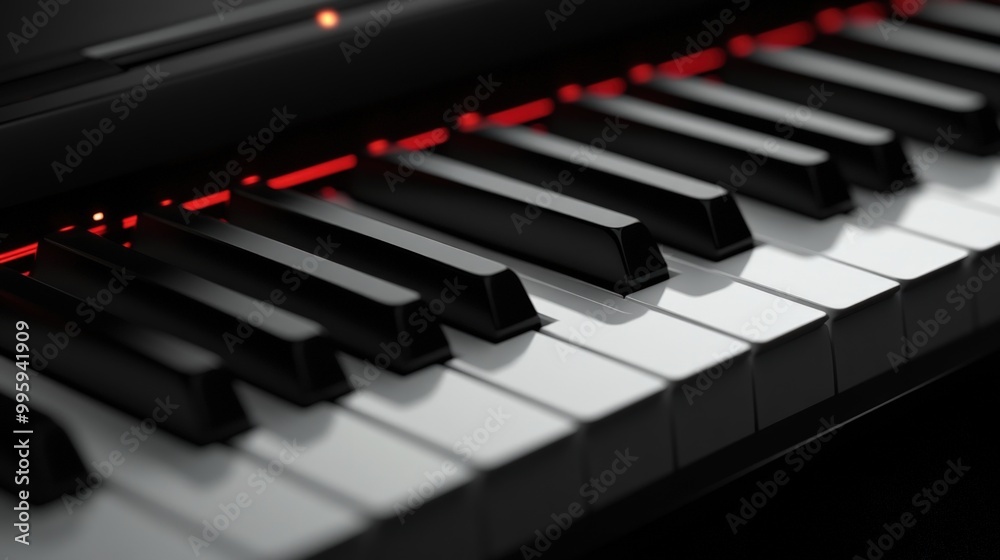 Closeup of a black and white piano keyboard with red lights. Closeup of a black and white piano keyboard with red lights.