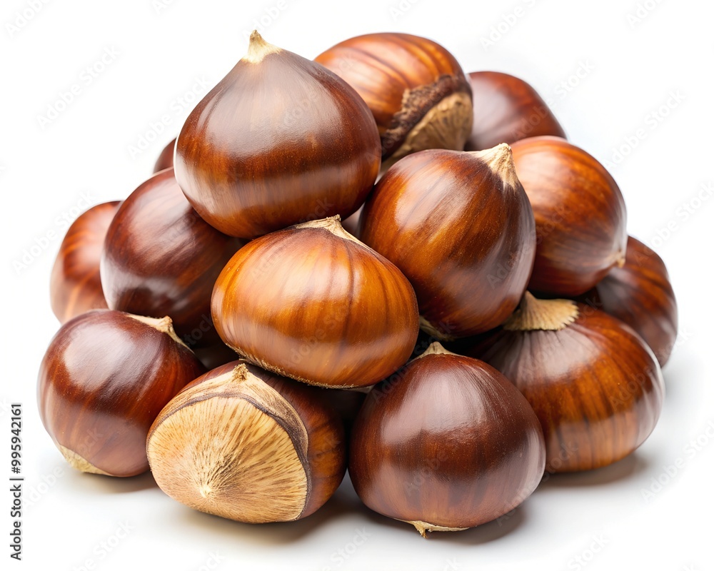 edible chestnuts, collected in a heap, isolated on a white background, close-up. edible chestnuts, collected in a heap, isolated on a white background, close-up.