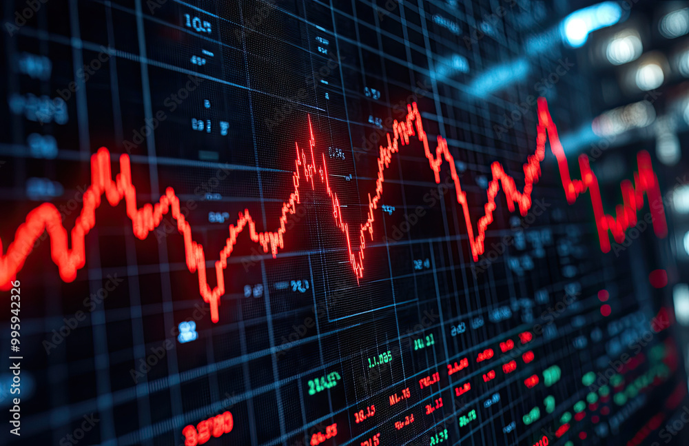 Close-up of stock market charts and numbers on digital display, blurred background with focus on a red arrow pointing down to symbolize a falling or decline in share price or exchange performance. Close-up of stock market charts and numbers on digital display, blurred background with focus on a red arrow pointing down to symbolize a falling or decline in share price or exchange performance.