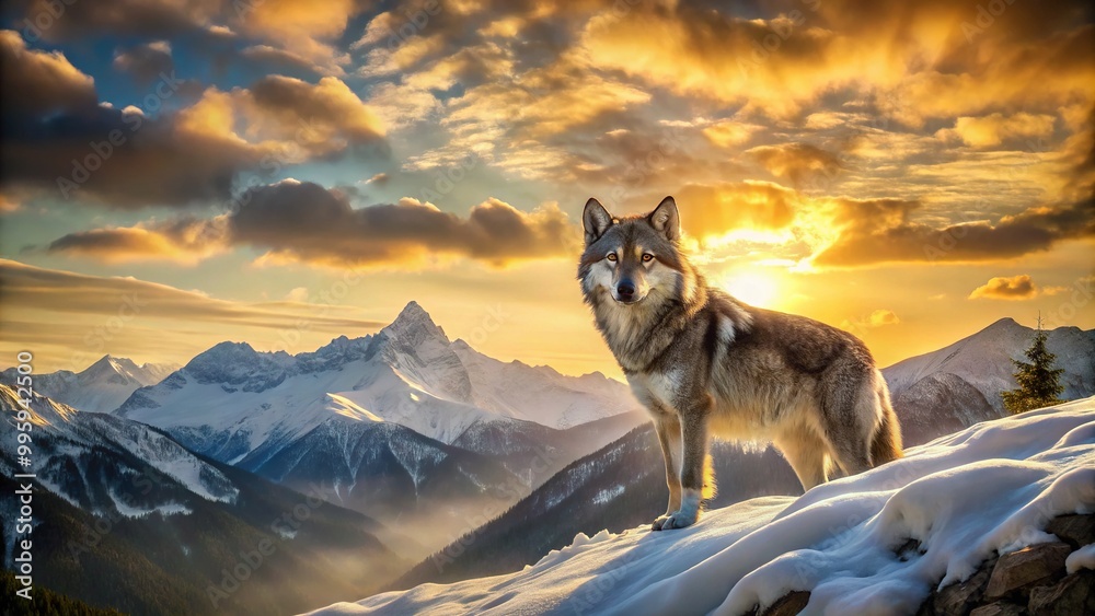 A majestic grey wolf surveys the snow-covered mountainside beneath the golden glow of a winter sunset, its piercing eyes scanning the distance. A majestic grey wolf surveys the snow-covered mountainside beneath the golden glow of a winter sunset, its piercing eyes scanning the distance.