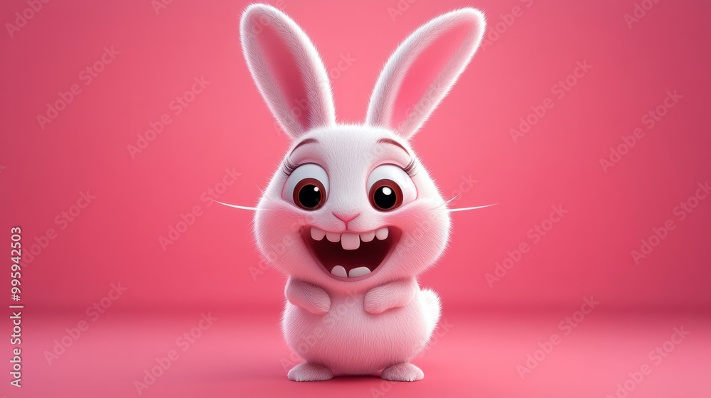 A cartoon rabbit with big teeth and a cheerful expression, standing out on a pastel pink background A cartoon rabbit with big teeth and a cheerful expression, standing out on a pastel pink background