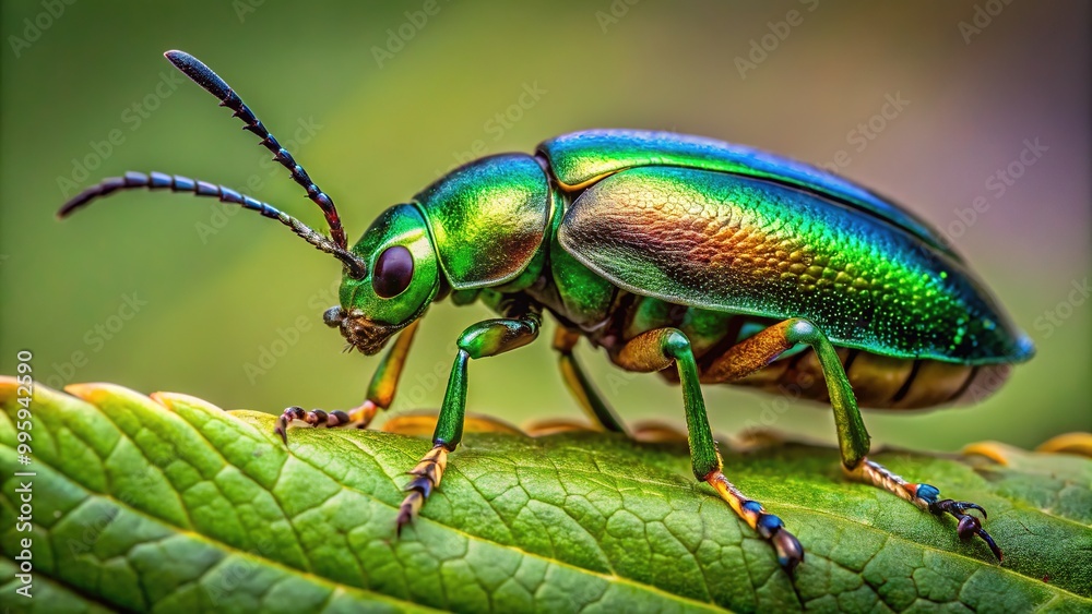 Naklejka premium A majestic green beetle perches on a leaf, its body as wide as a small plate, its antennae reaching upwards like delicate tree branches.
