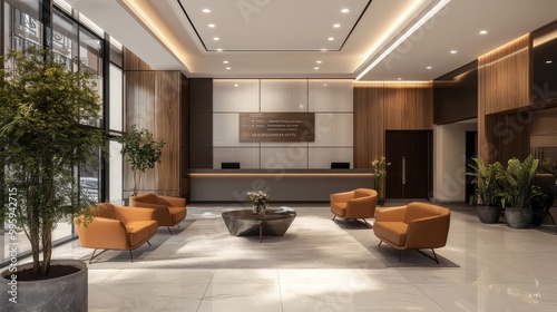 Luxurious and Modern Hotel Lobby with Wooden Accents and Natural Elements