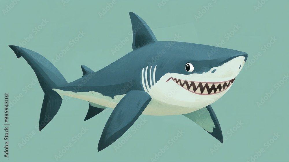 Fototapeta premium A cartoon shark with sharp teeth but a friendly grin, isolated on a pastel green background