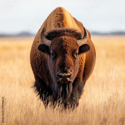 A majestic buffalo standing in a golden field, showcasing its power and beauty in a natural habitat. photo