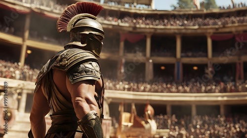 7. An ancient gladiator in full armor, ready to fight in a grand arena filled with spectators