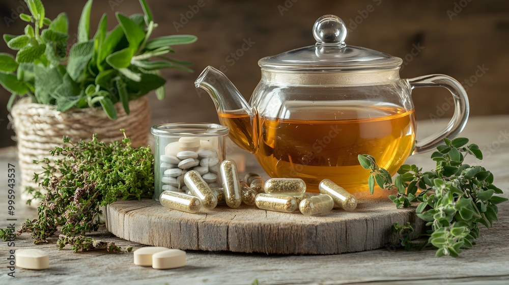 Herbal supplement capsules are arranged artistically around a glass teapot filled with tea surrounded by fresh herbs on a rustic wooden surface Herbal supplement capsules are arranged artistically around a glass teapot filled with tea surrounded by fresh herbs on a rustic wooden surface