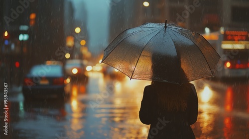 Wallpaper Mural A lone figure stands under an umbrella in the rain, surrounded by a vibrant cityscape illuminated by streetlights and reflections. Torontodigital.ca