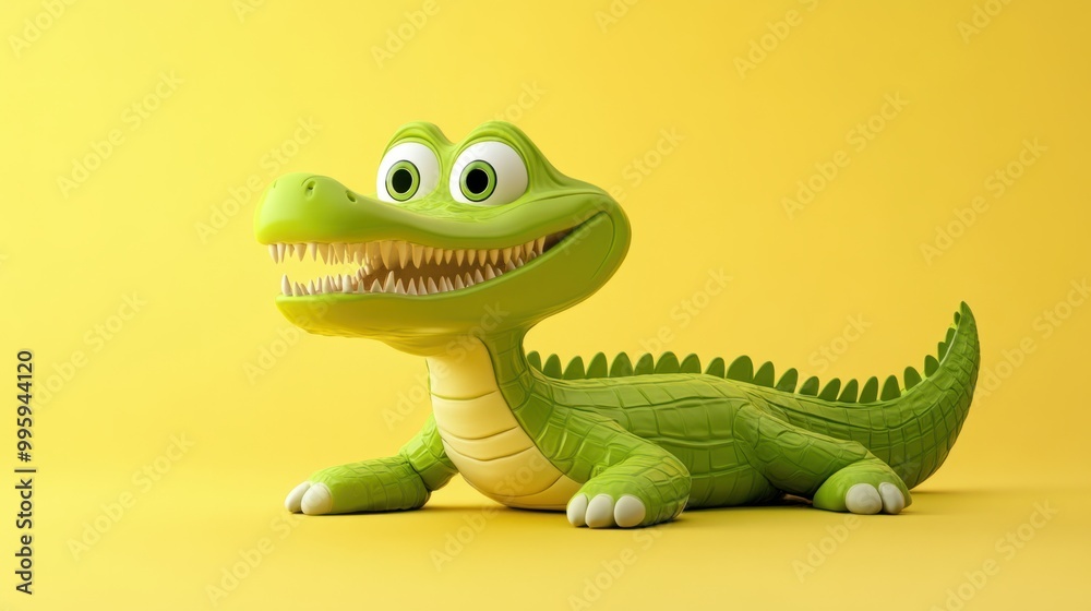 Fototapeta premium A cheerful cartoon crocodile with a long snout, isolated on a pastel yellow background