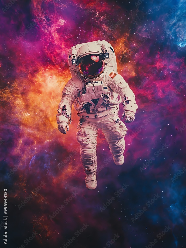Fototapeta premium A lone astronaut floats in a colorful cosmic space, exploring the wonders of the universe amidst vibrant stars and galaxies.