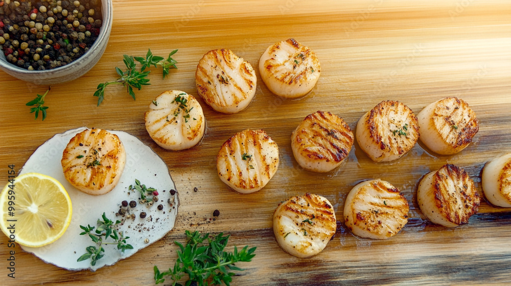 Grilled scallops served on a wooden board with lemon and herbs, accompanied by a bowl of peppercorn sauce. Grilled scallops served on a wooden board with lemon and herbs, accompanied by a bowl of peppercorn sauce.