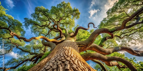 A majestic oak tree towers above, its twisted branches grasping for the sky, as a slender, brown snake sinuously emerges from the trunk's crevices. photo